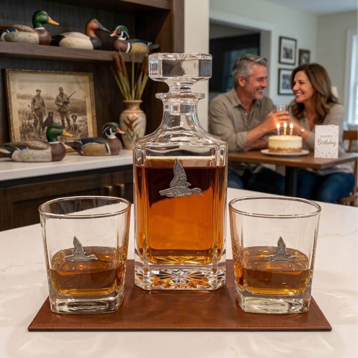 Gift for Duck Hunter's Birthday | Silver Duck Hunter Decanter Set
