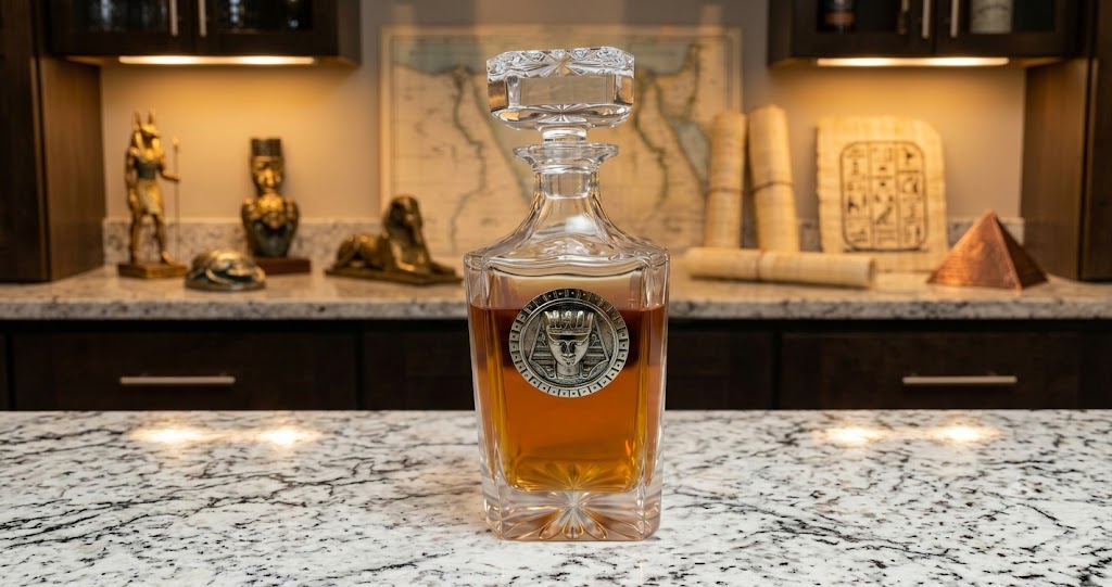 The Egyptian decanter features a large silver medallion of an Egyptian god. This is a great gift for a bourbon lover who likes to travel and also loves Egypt.