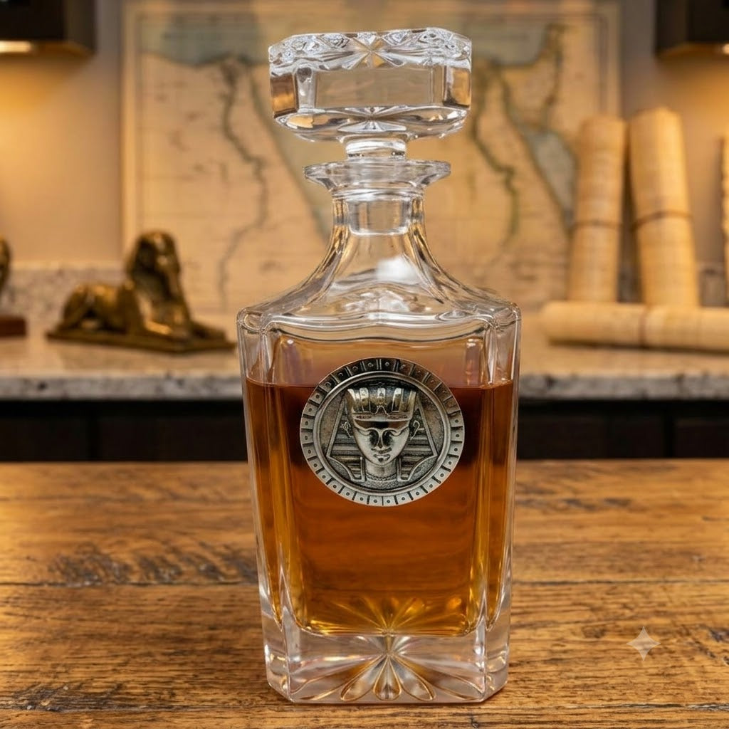 The Egyptian decanter features a large silver medallion of an Egyptian god. This is a great gift for a bourbon lover who likes to travel and also loves Egypt.