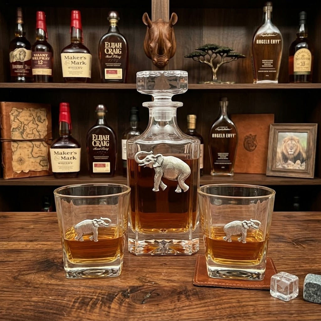 Elephant Decanter Set Includes two Bourbon Glasses | Gift for Whiskey Lover