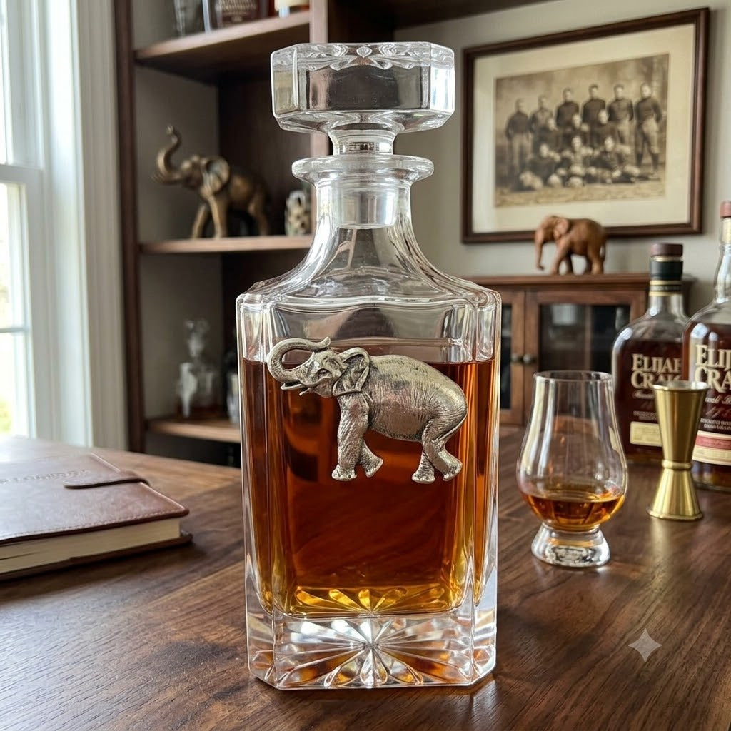 Elephant Decanter with Silver Elephant. Gift for elephant lover and bourbon fan. Also gift for Bama football fan.