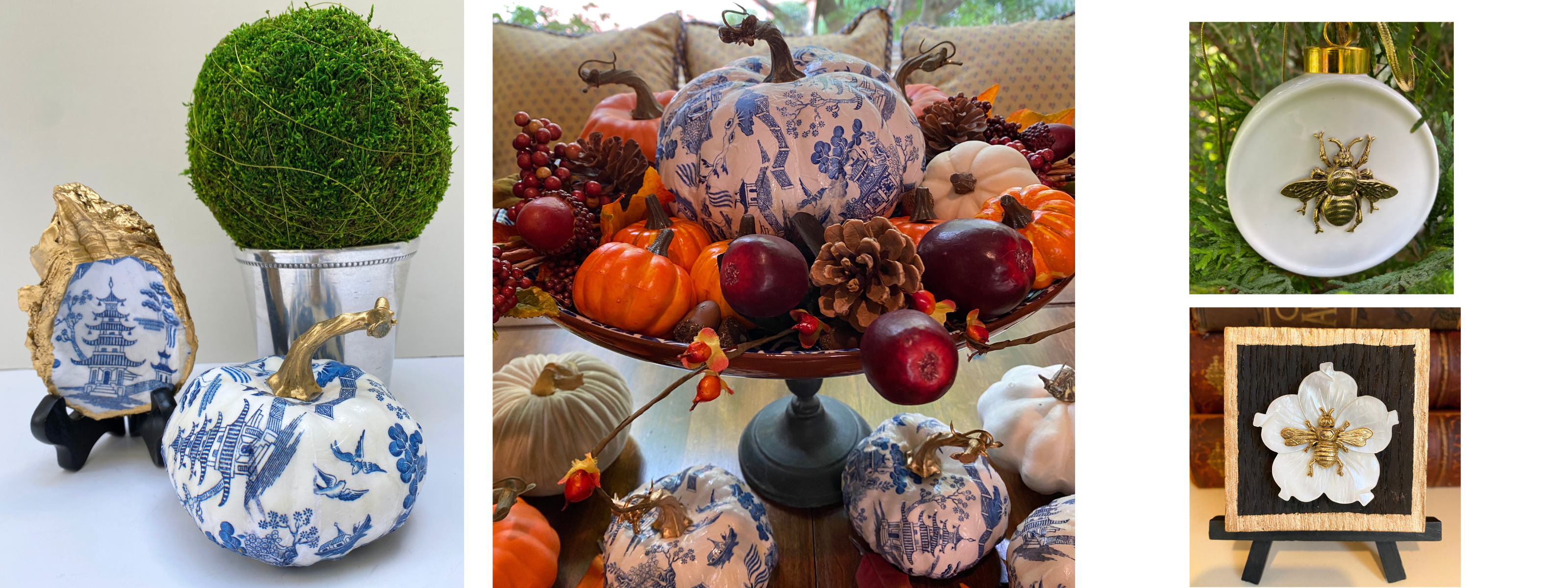 Fall Gifts by Classic Legacy including faux pumpkins, bee ornaments, and bee art