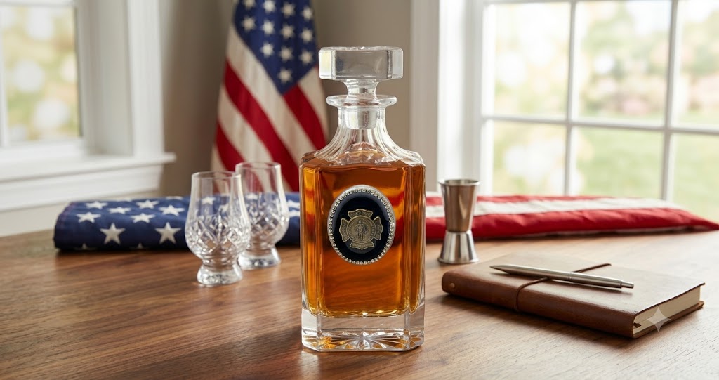 Firefighter decanter with large silver medallion with black enamel and the antique gold St. Florian medallion. This is a great gift for a firefighter and a bourbon lover.