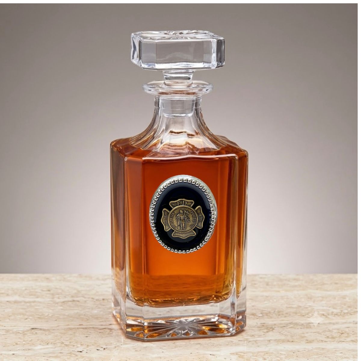 Firefighter decanter with large silver medallion with black enamel and the antique gold St. Florian medallion. This is a great gift for a firefighter and a bourbon lover.
