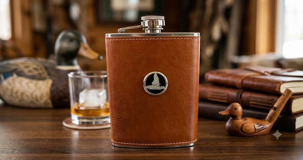 This leather flask features a silver medallion with black enamel and a silver duck. This is a great gift for a duck hunter and duck lover.