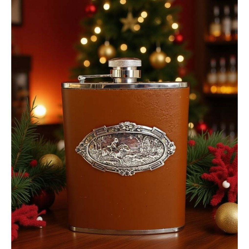 Equestrian Leather Flask with Horse and Hounds | Gift for Rider