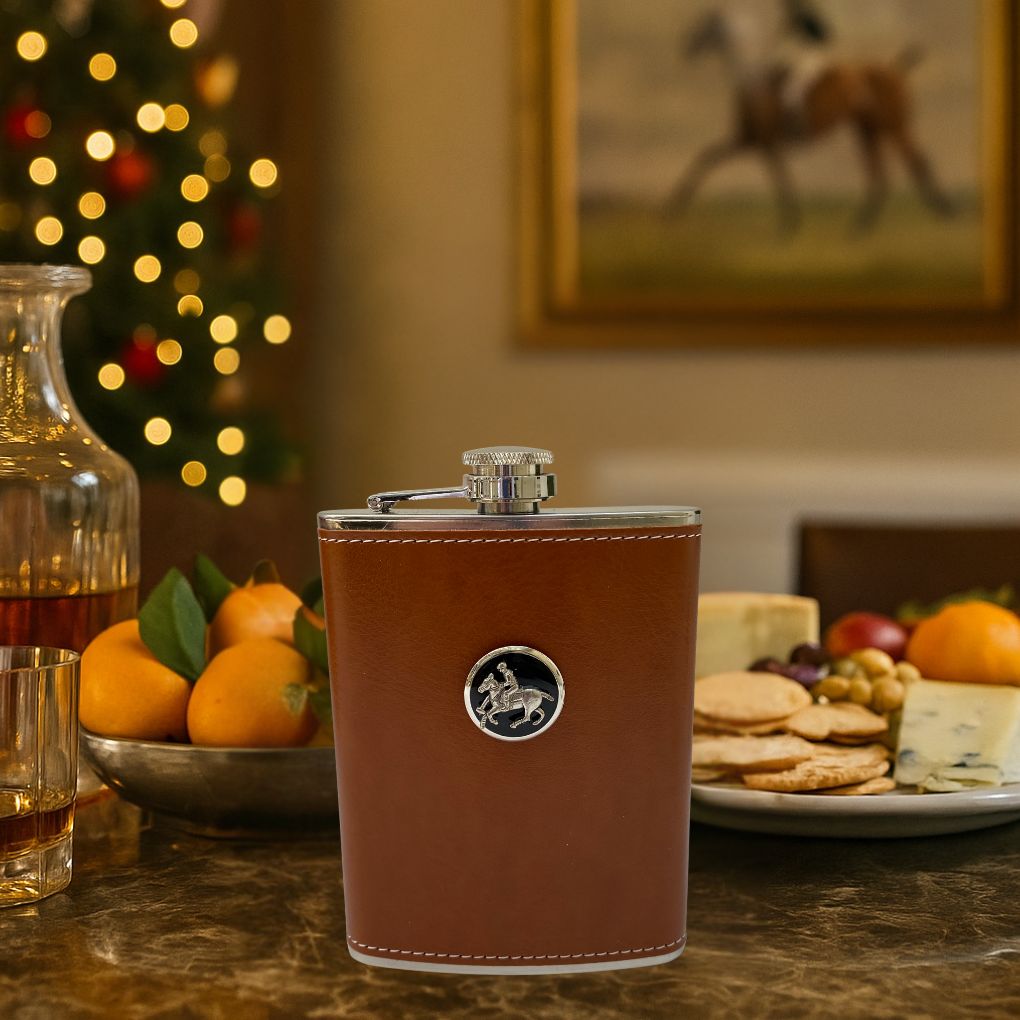 Leather Flask with Silver Polo Horse and Rider