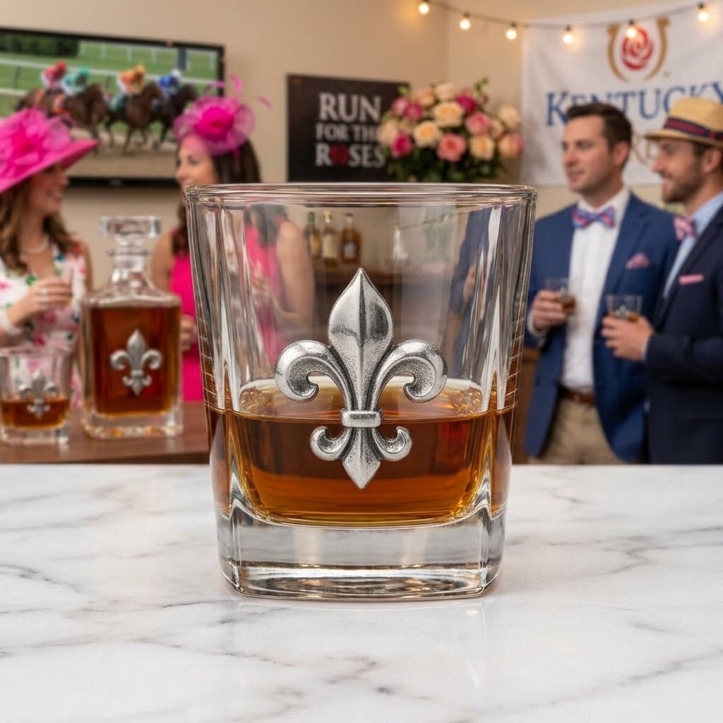 A clear whiskey tumbler with a silver fleur-de-lis emblem, filled with amber liquor, set on a white marble counter in a bar scene with people and horse racing decor in the background. Perfect to celebrate a Derby party.