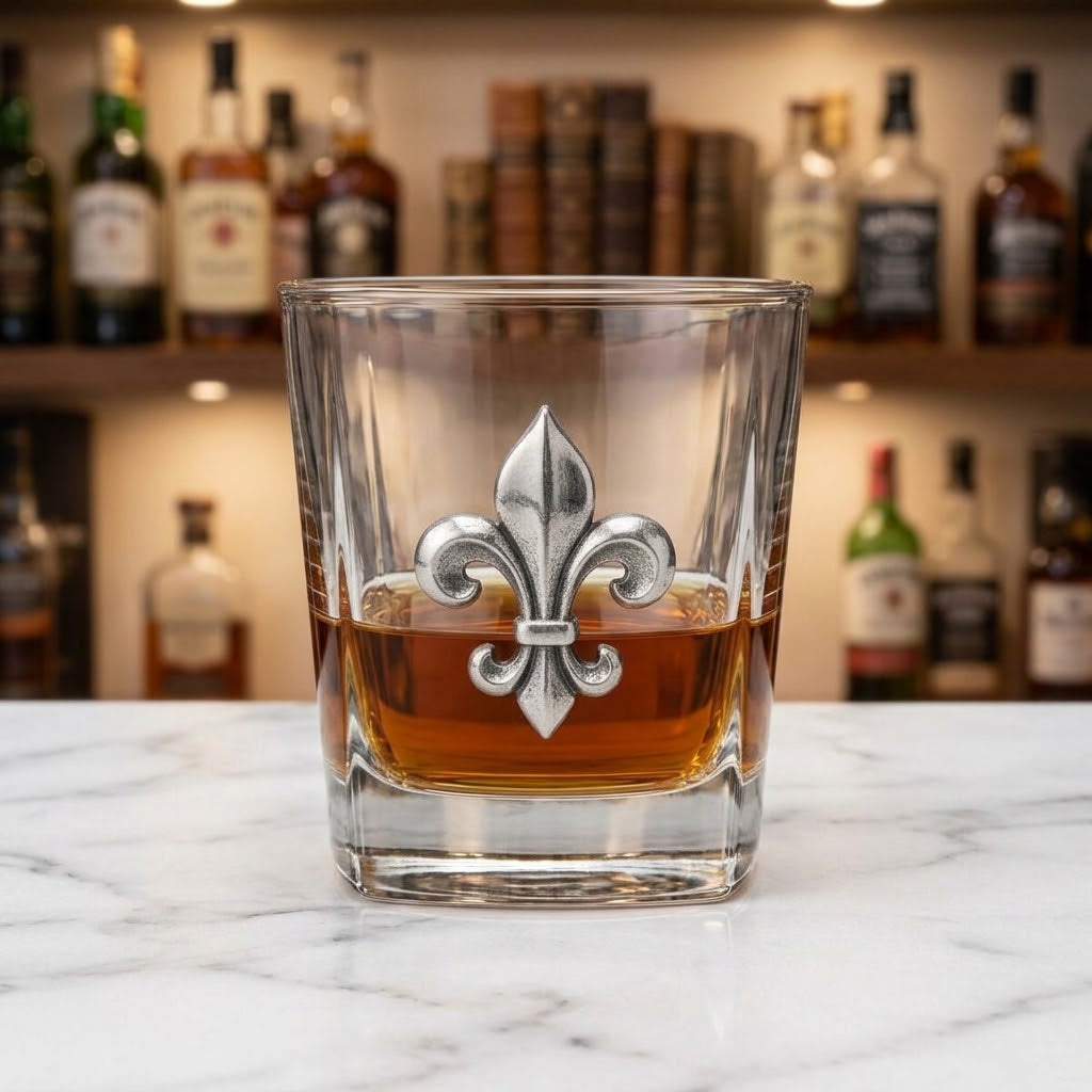 A clear whiskey tumbler with a silver fleur-de-lis emblem on the front, filled with amber liquor, set on a white marble countertop with a blurred bar shelf of bottles in the background.