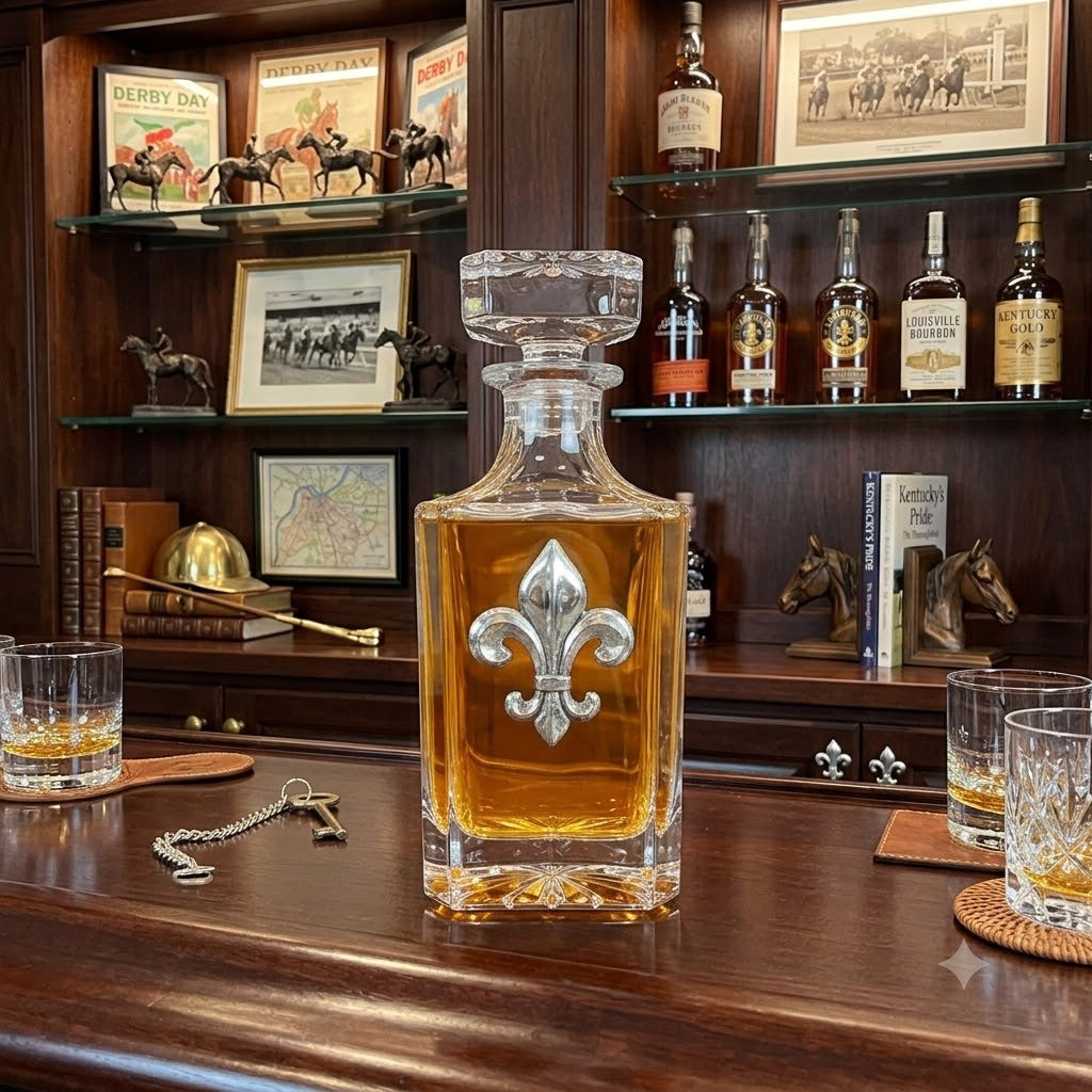 Fleur de lis decanter in home bar of a racehorse fan