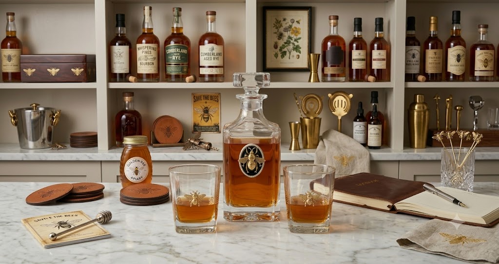 Gold Bee Decanter set includes decanter and two bourbon glasses.