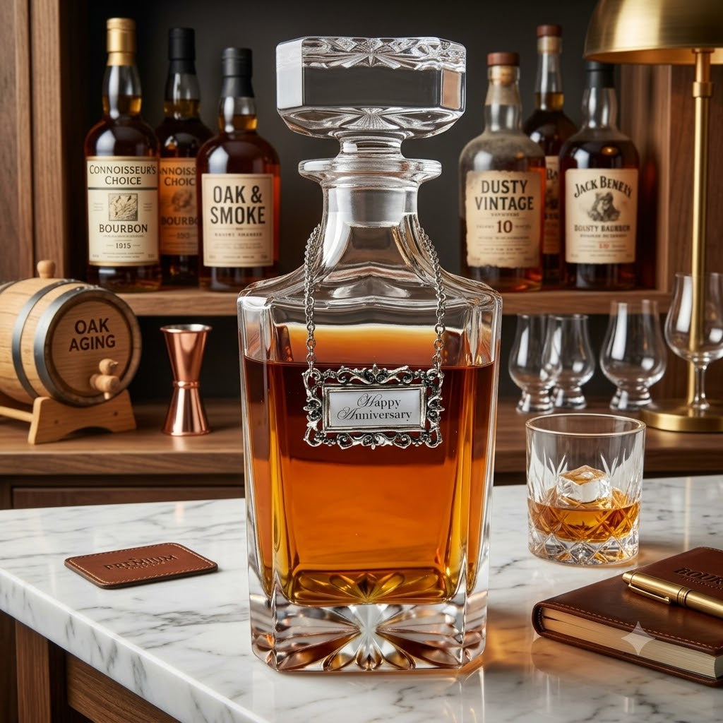 A clear glass Happy Anniversary whiskey decanter filled with amber liquor stands on a marble countertop in a bar-like setting. A matching engraved whiskey glass and a brown leather card sit nearby, with whiskey bottles and bar accessories blurred in the background.