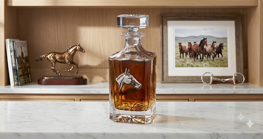 Decanter with Silver horse head is the perfect gift for the man who loves horses and bourbon. This decanter is sitting on a white marble counter in a home bar. Pictures of horse are in the background