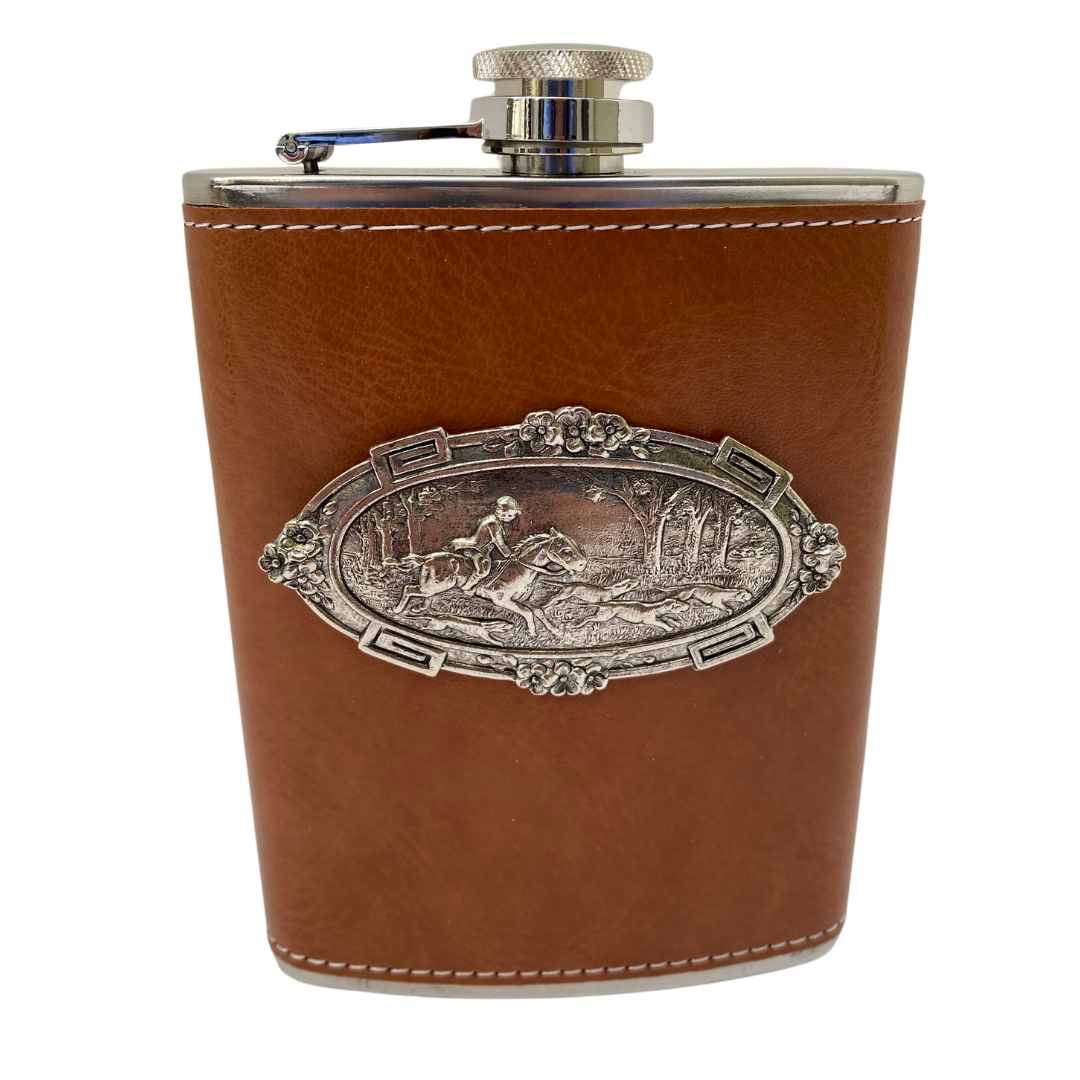 horse and hounds leather flask for equestrian