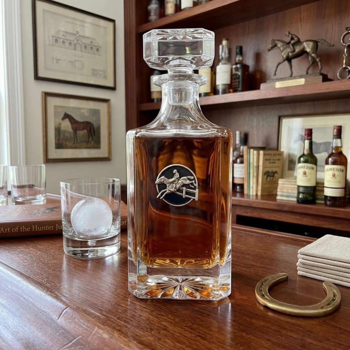 Decanter with Medallion for an equestrian horse lover who is a hunter jumper sportsman. Shown sitting in a home bar. Gift for a hunter jumper rider.