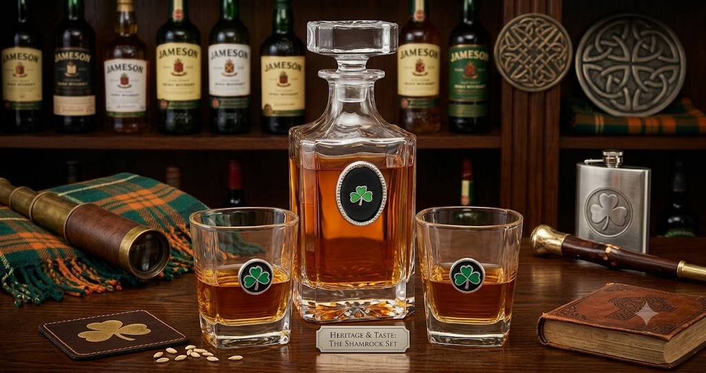 A clear glass decanter and two matching whiskey glasses with green shamrock stickers, displayed on a wooden table with whiskey bottles, a flask, and other themed props in the background.