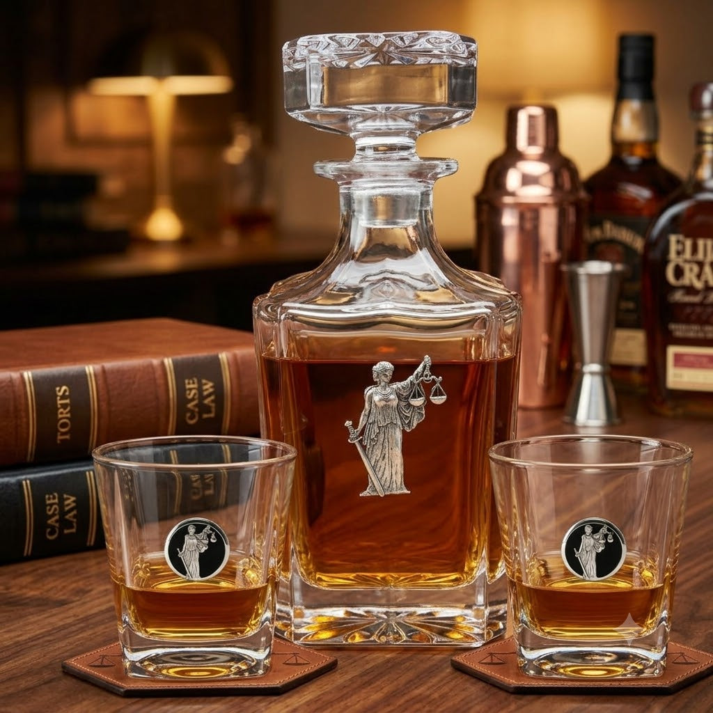 A lawyer theme decanter set clear glass decanter and two matching rocks glasses with a silver-toned Lady Justice emblem, filled with amber liquor, arranged on a wooden table with books and bar tools in the background.