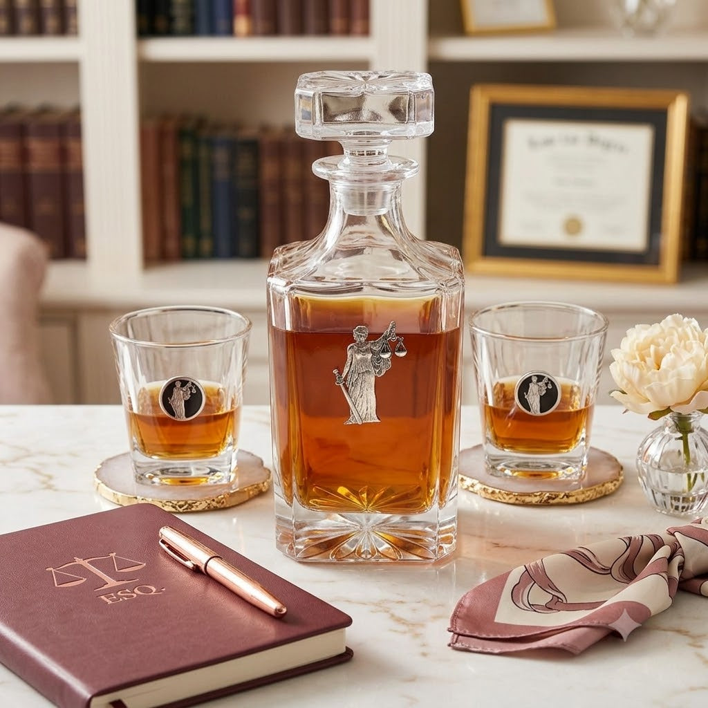 A lawyer's theme clear glass decanter filled with amber liquor and two matching clear glasses with amber liquid, arranged on a marble surface with gold coasters. The set is styled with a burgundy notebook, rose-gold pen, cream flower, and patterned cloth, with a blurred interior background featuring bookshelves and framed art.