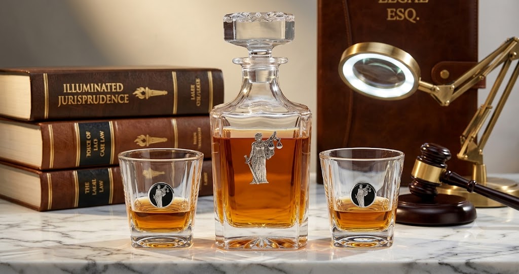 A lawyer theme clear glass decanter and two matching shot glasses with gold-toned whiskey, styled on a marble surface with law books, a magnifying lamp, and a gavel in the background.