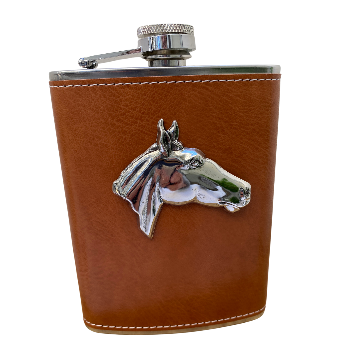 A brown leather flask with a silver horse head medallion attached to it.