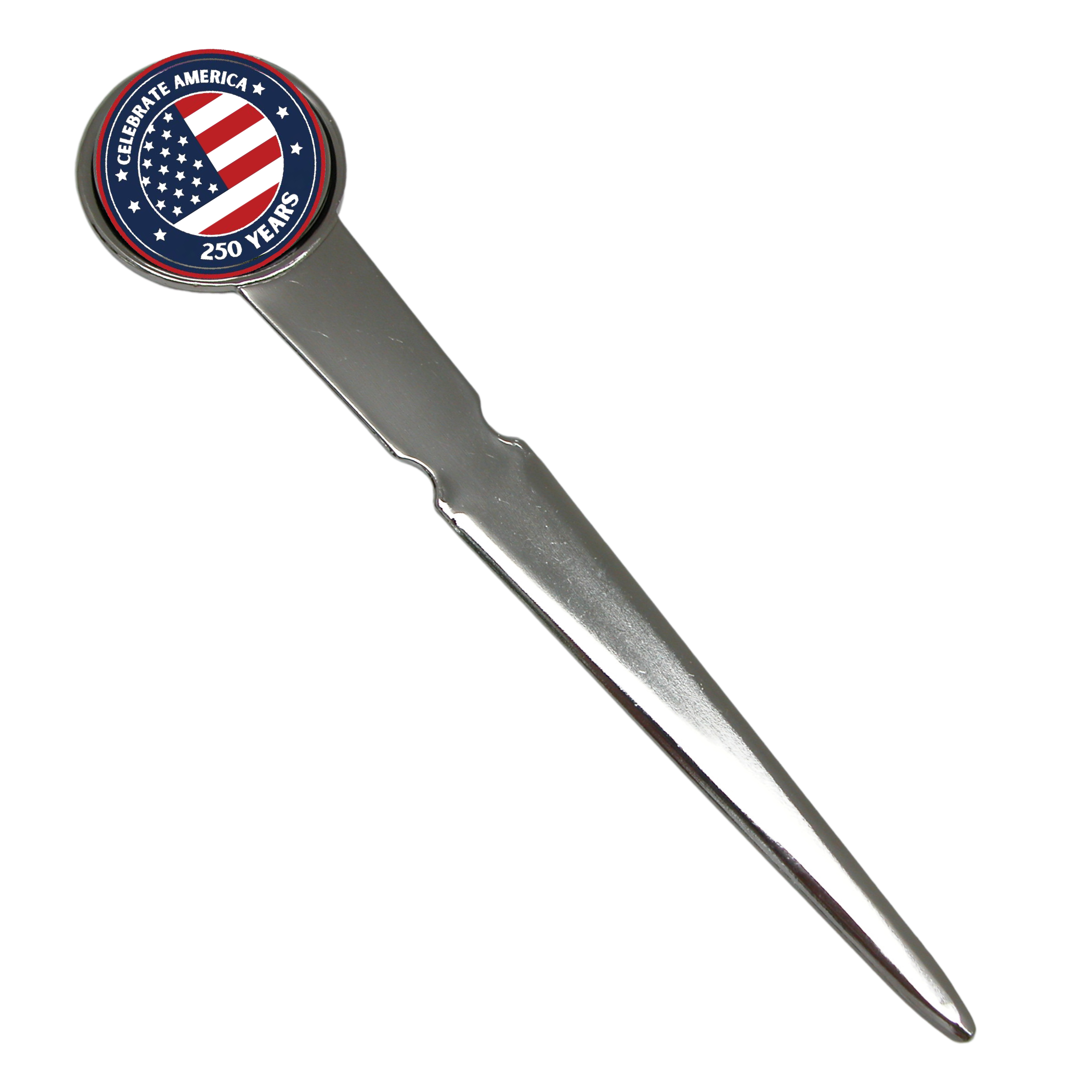 A letter opener with a round medallion featuring the text 'Celebrate America 250' and the American flag.