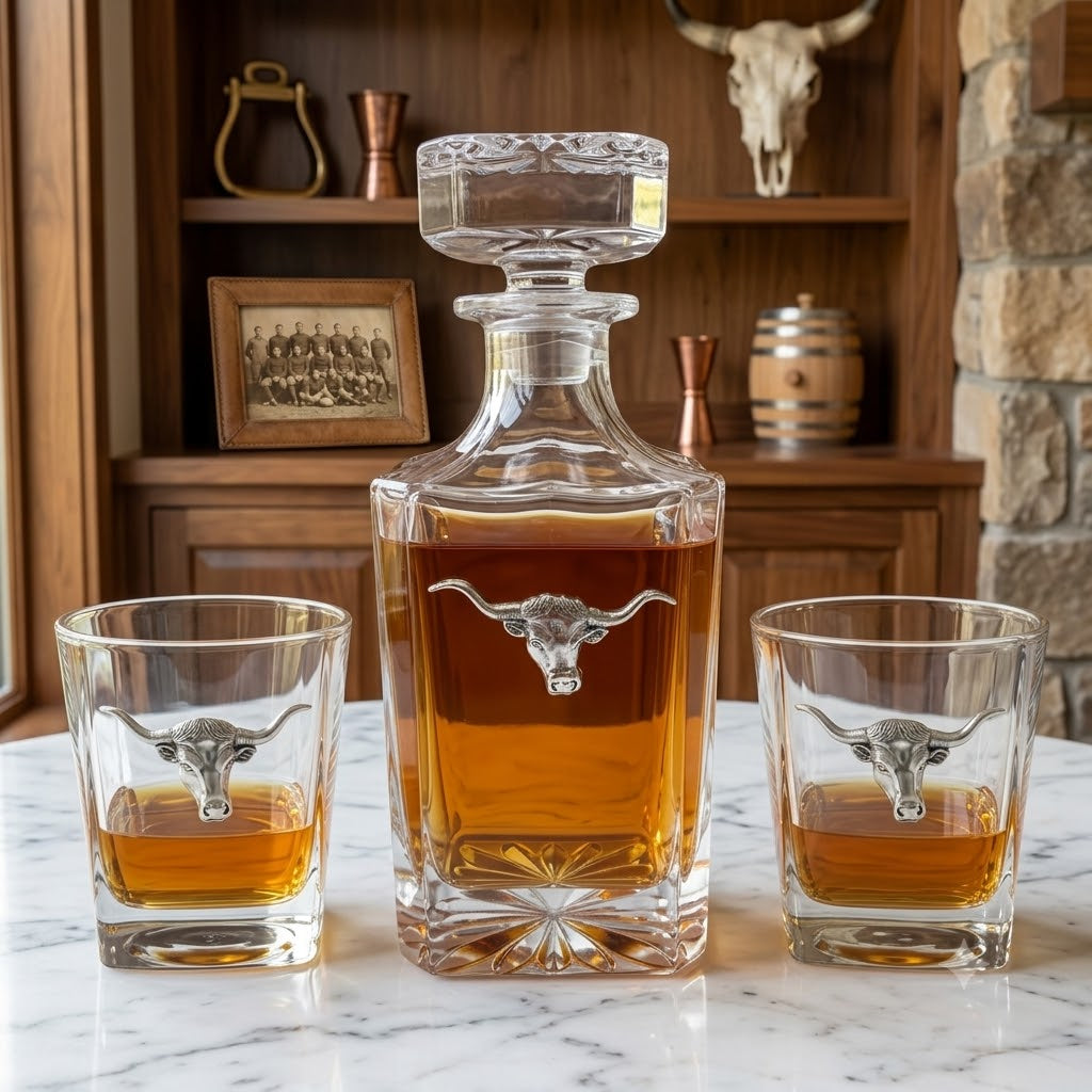 The longhorn decanter set features a large crystal decanter and two bourbon glasses. Each is embellished with a handcrafted silver longhorn.