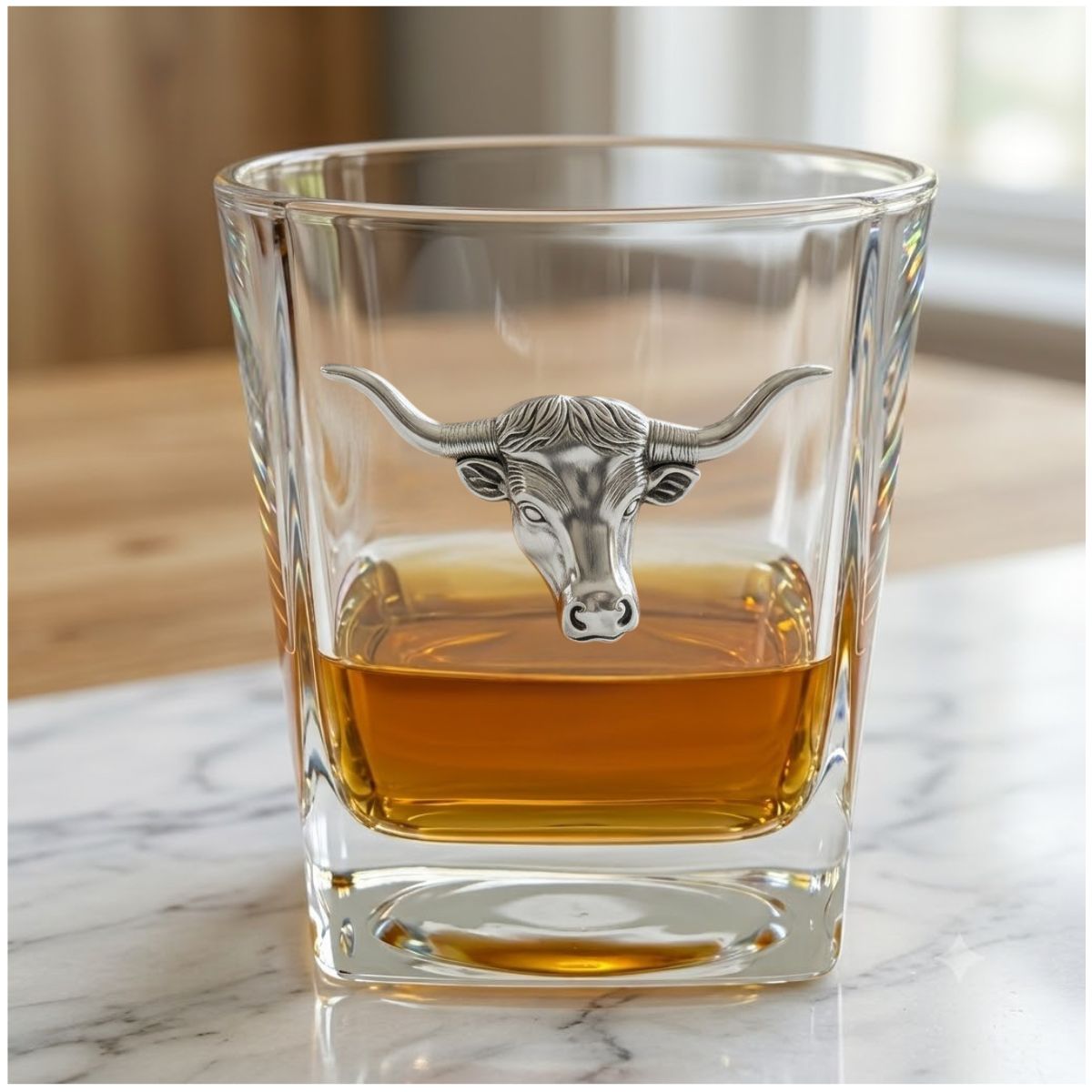 Bourbon Glass featuring a silver longhorn medallion. Great Gift for Longhorn Fan.
