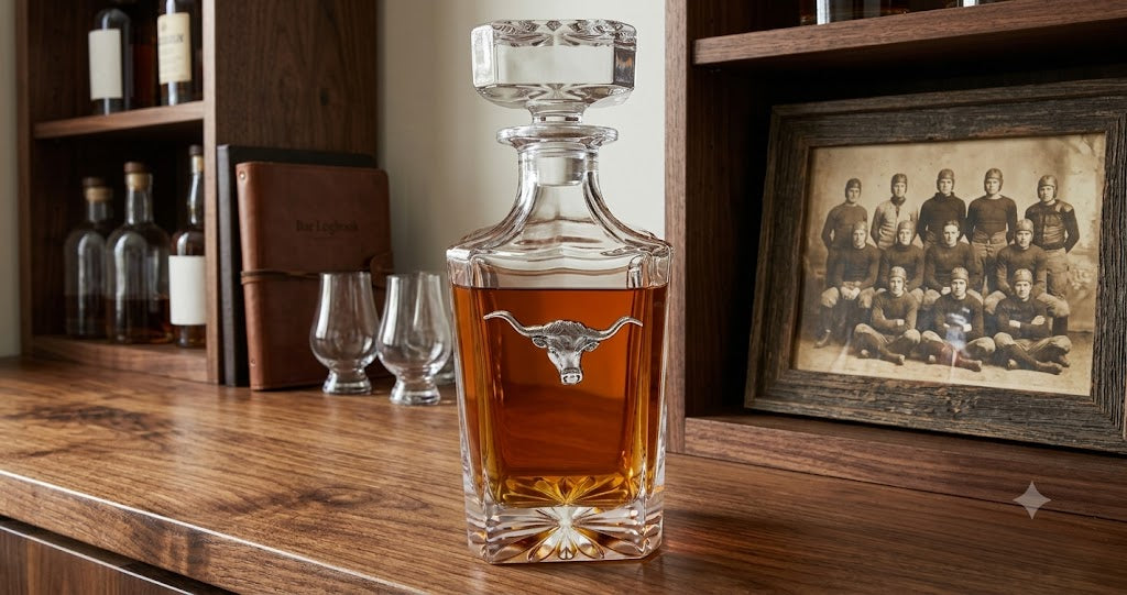 Longhorn decanter with silver longhorn. Gift for a longhorn fand and bourbon lover.
