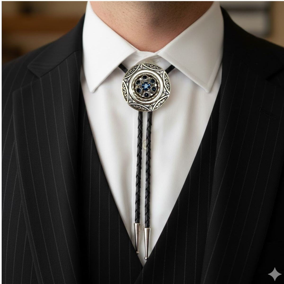 Man wearing the Silver & Montana blue Bolo Tie