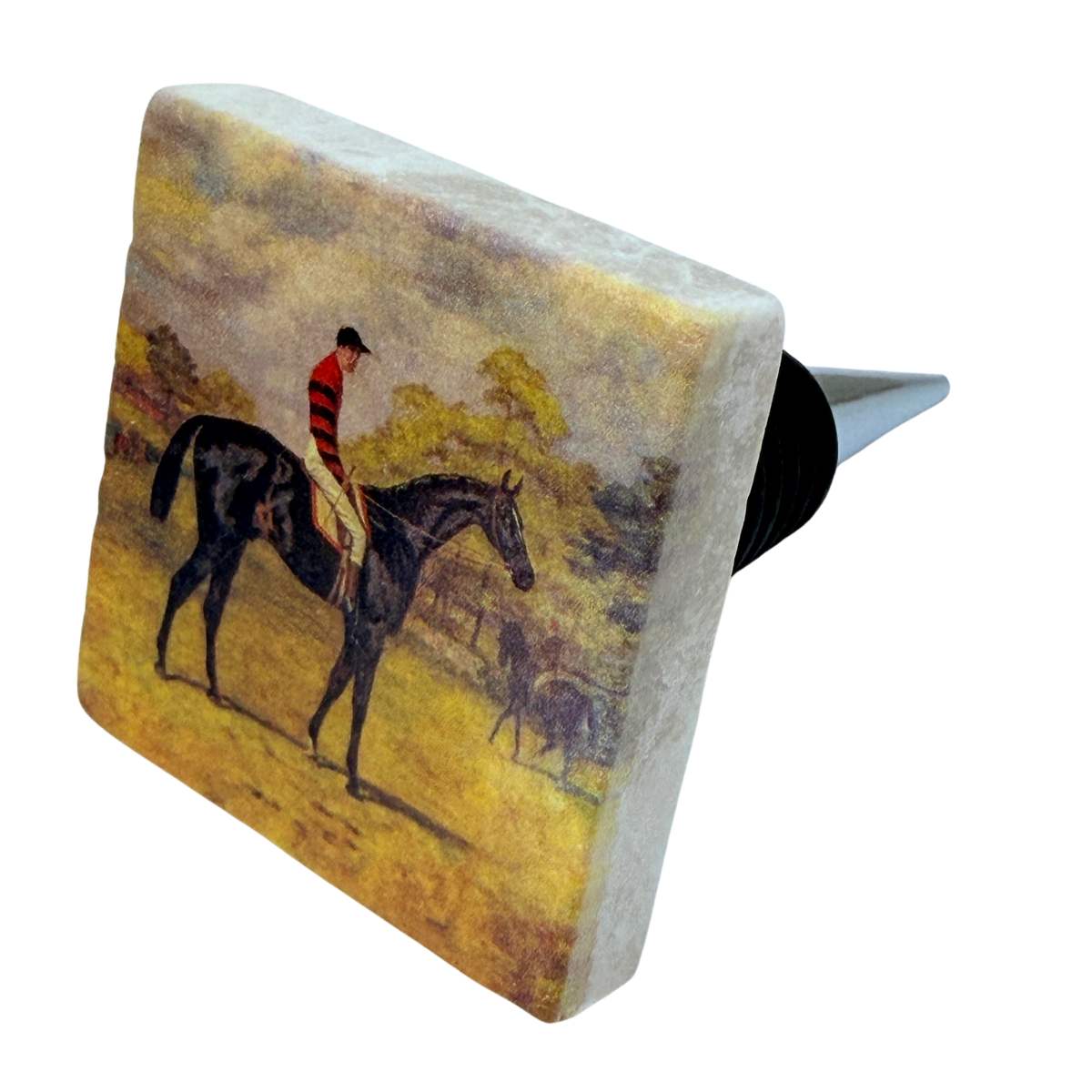 A square decorative bottle stopper featuring a vintage painting of a rider on a horse, with a black and silver metal stopper insert visible on the right side, set against a plain white background.