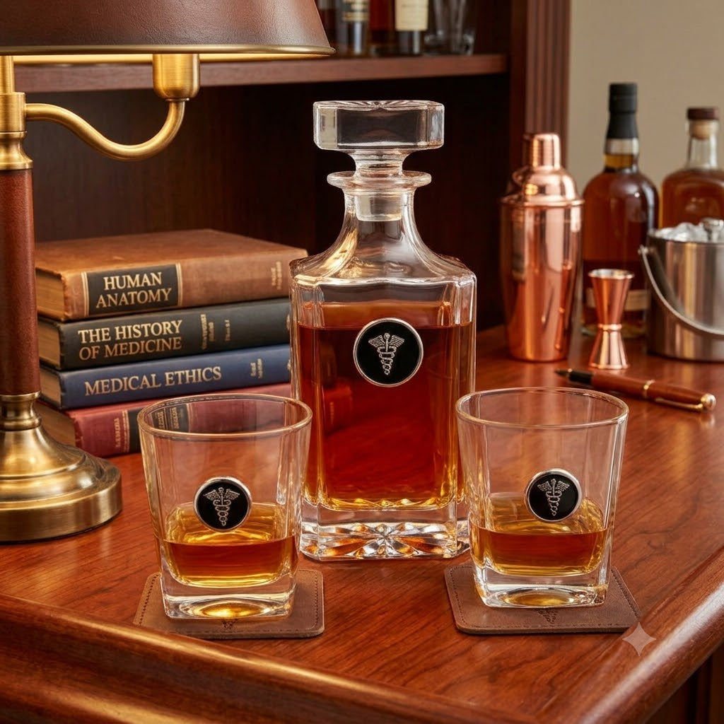 A clear glass decanter and two matching rocks glasses with a circular black-and-white medical-style emblem, arranged on a wooden bar surface with bottles, a copper shaker, and books in the background.