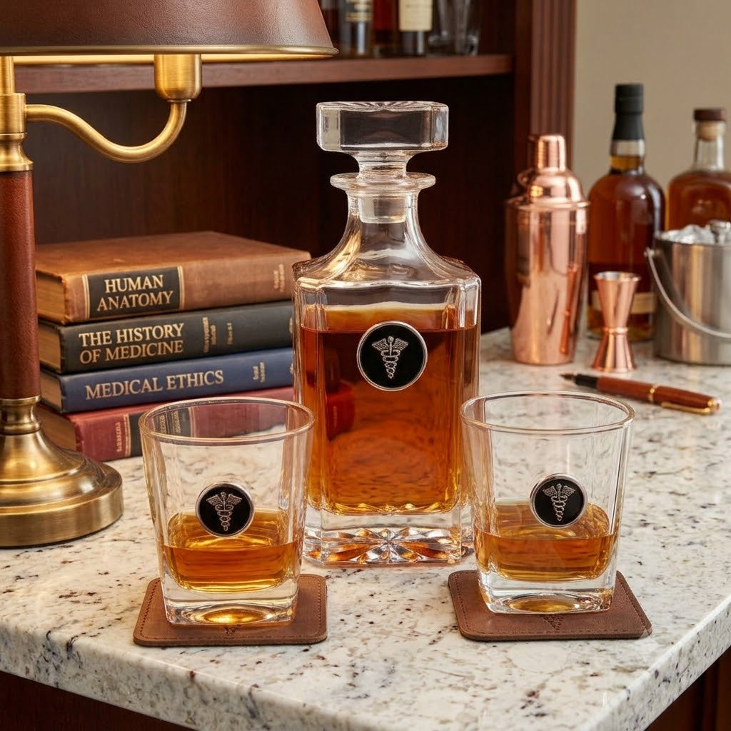 A clear glass decanter and two matching rocks glasses filled with amber liquor, arranged on a speckled stone countertop in a bar-like setting. Each glass has a black circular medallion with a white caduceus symbol.