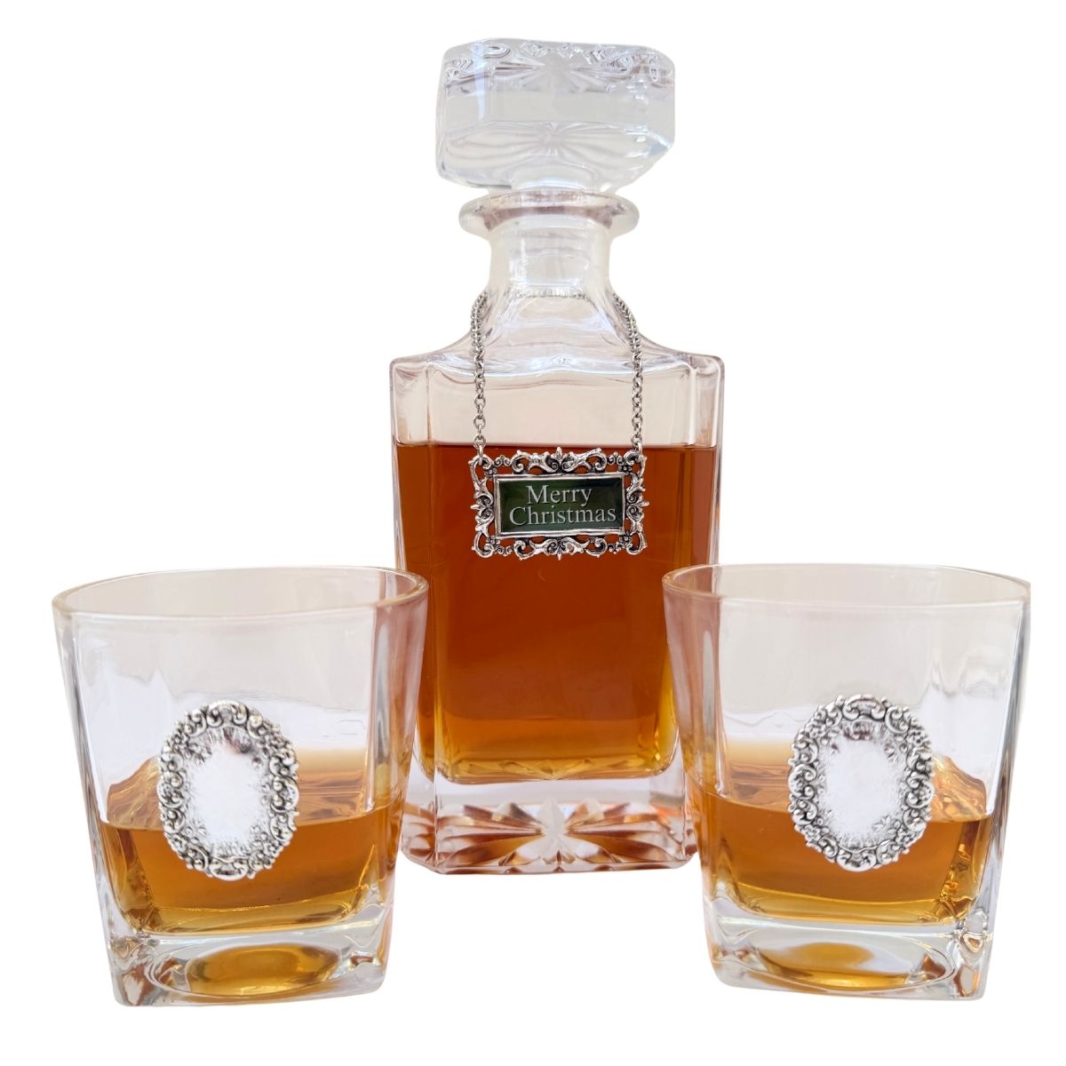 Merry Christmas Decanter Set Green includes large decanter and two bourbon glasses plus the silver "Merry Christmas" decanter marker in green.
