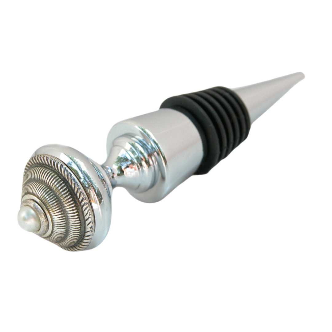 A silver wine bottle stopper with a mother of pearl top and black rubber seal.