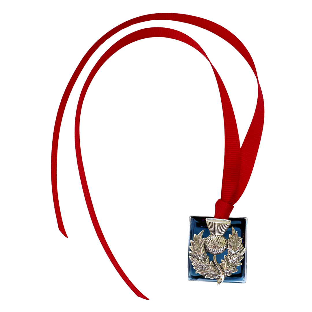 Silver Scottish Thistle Christmas Ornament with Red Ribbon full view