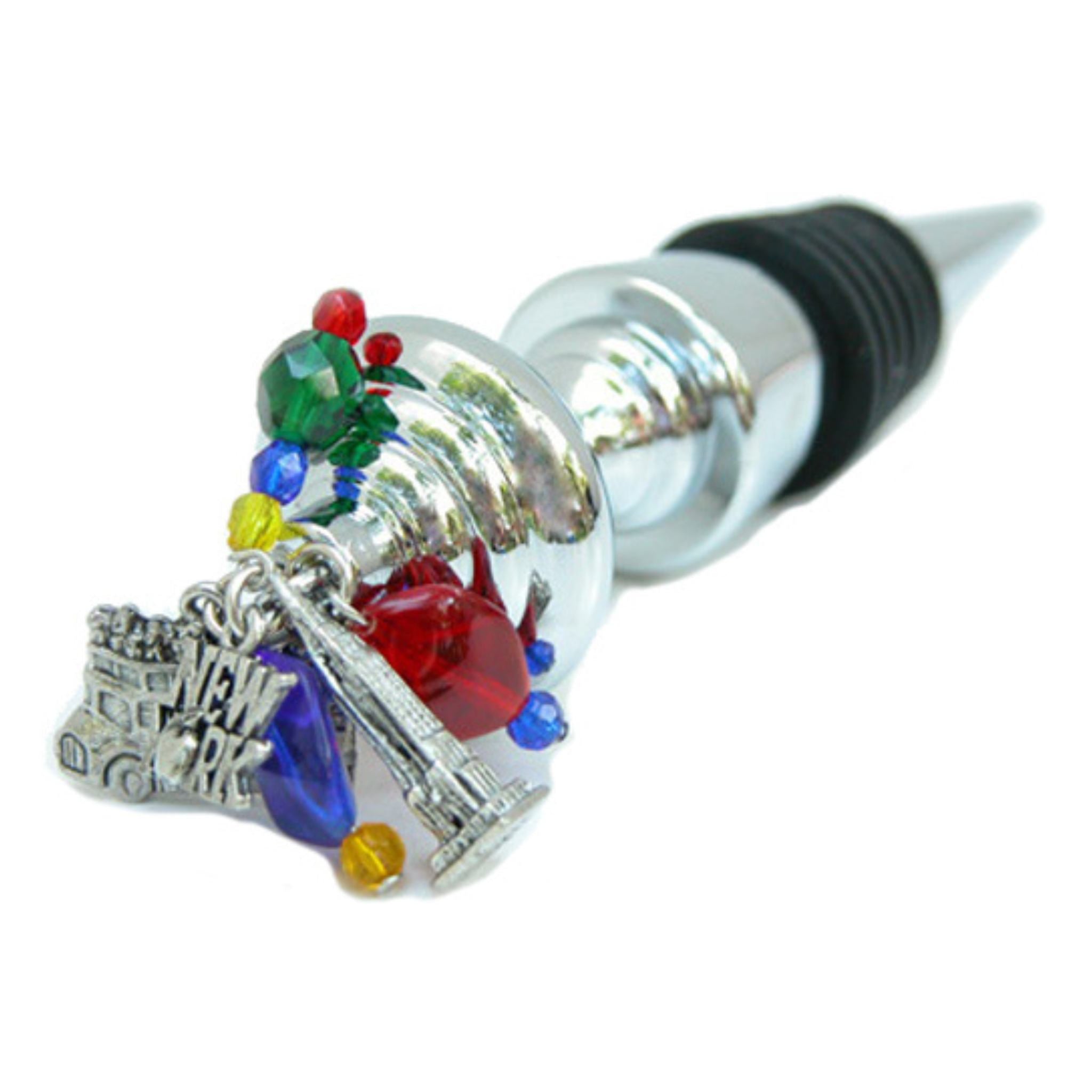 A chrome-plated bottle stopper with a New York theme, featuring a tour bus, Empire State building, 'I Love New York' charm, and colorful glass beads.