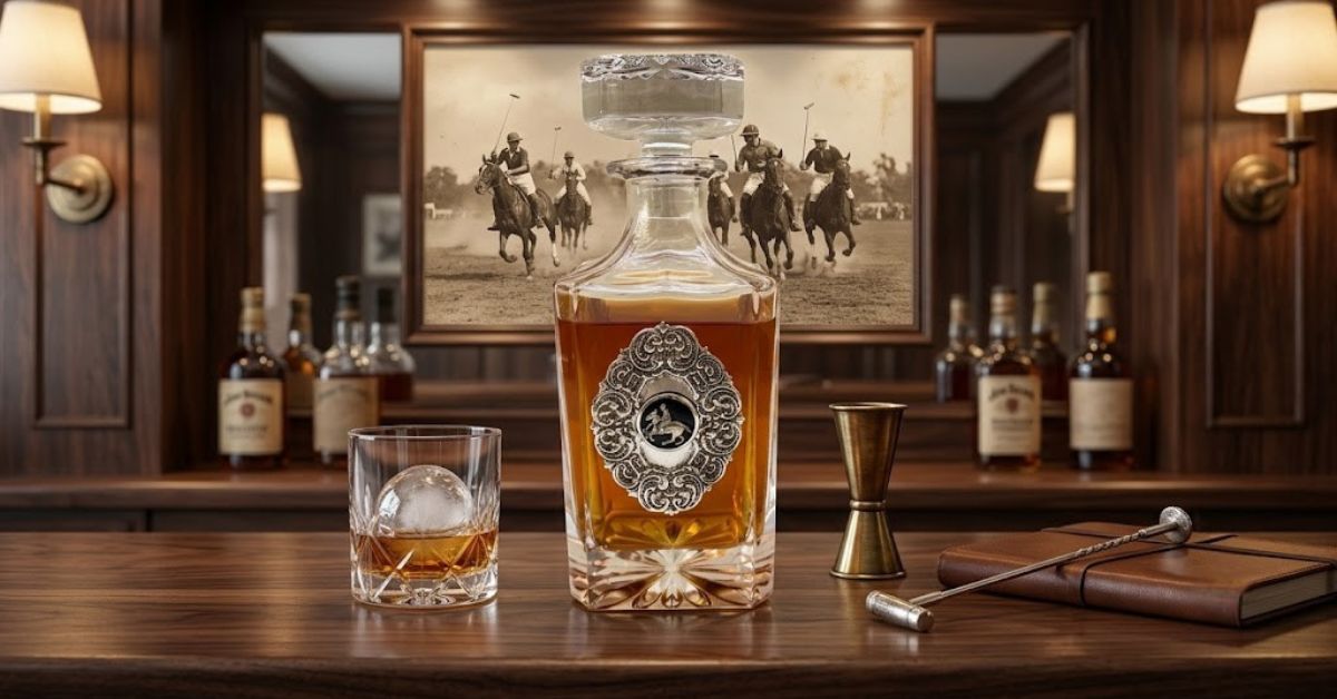 This decanter features a large silver medallion with a silver polo player. This elegant decanter is handcrafted of lead-free glass. The large embellishment is added to each by hand. The decanter holds 25 ounces and measures 9" x 4" It ships in a white gift box. It is a great gift for any polo fan or polo rider.