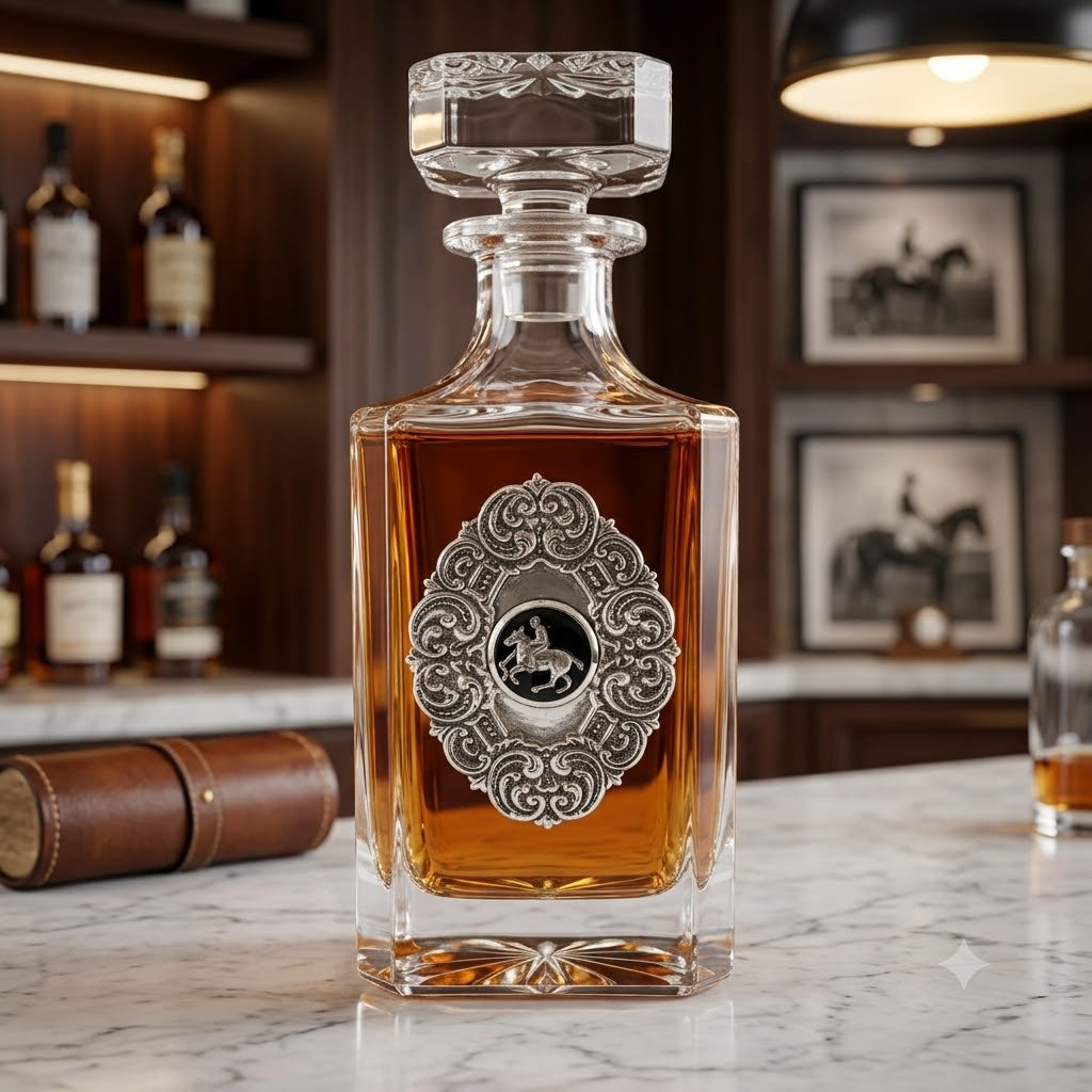 Polo Decanter with Large Silver medallion and polo player. Shown sitting on a marble counter in a home bar.