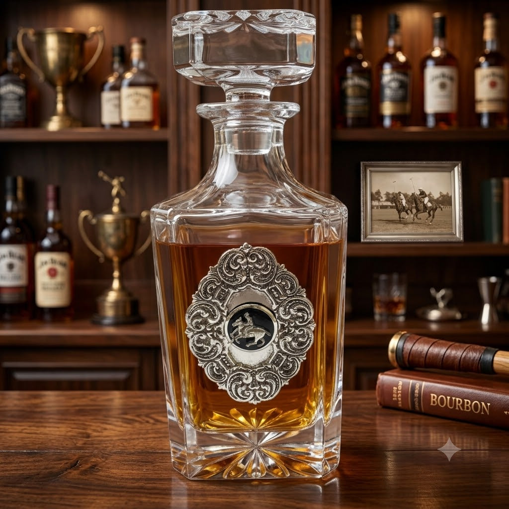 Polo Decanter with Large Silver medallion and polo player. Shown sitting on a wooden table in a home bar.