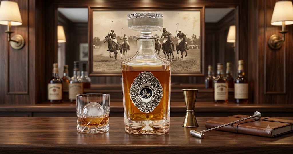 Polo Decanter with Large Silver medallion and polo player.