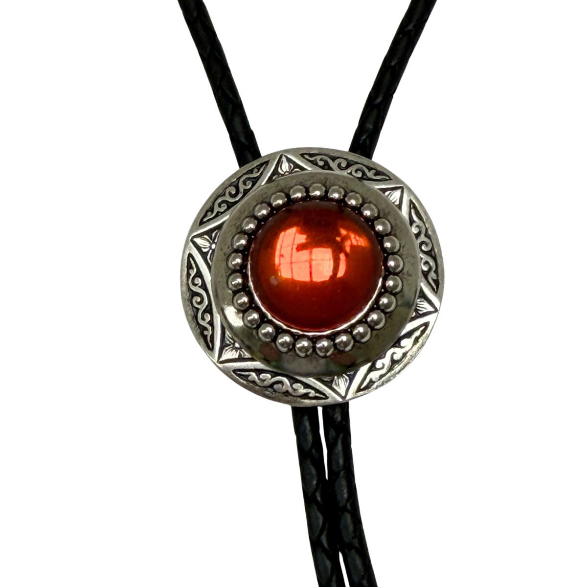 Bolo tie with a amber stone and silver detailing. This Classic Legacy bolo tie is the perfect accessory to wear to a Western Wedding or Event.