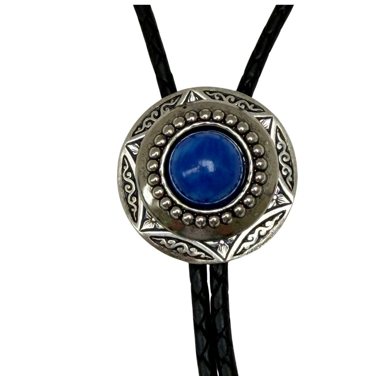 Bolo tie with blue stone and silver metal on a white background. This Classic Legacy bolo tie is perfect to wear to a Western-themed wedding or event.