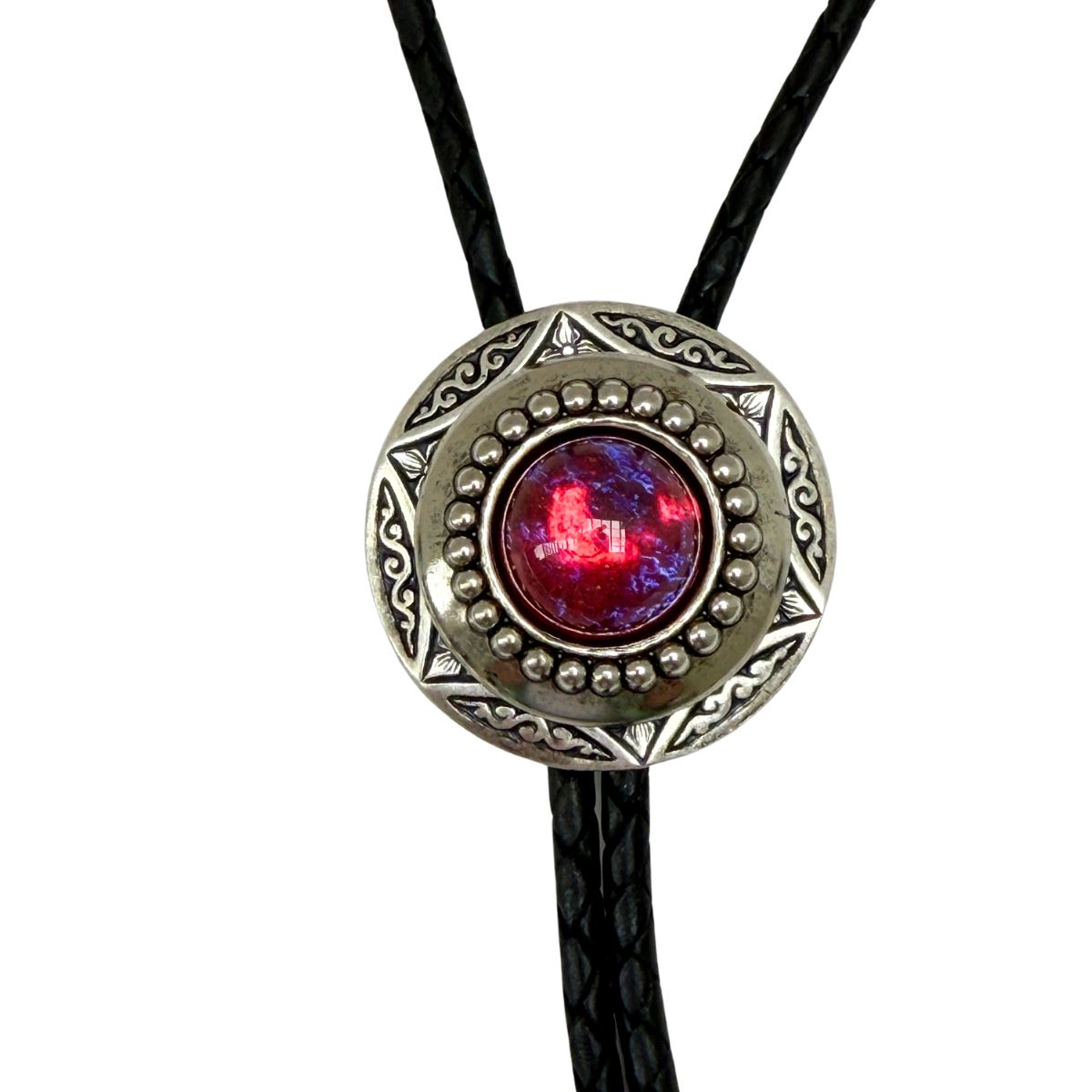 Bolo Tie | Round Silver Setting | Accessory for Western Weddings and Events | Colorful Cabochon Center