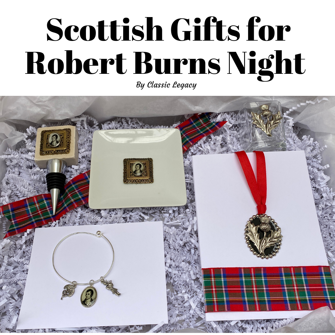 Gift box with Robert Burns bottle stopper, trinket tray, bracelet, and Christmas Ornament