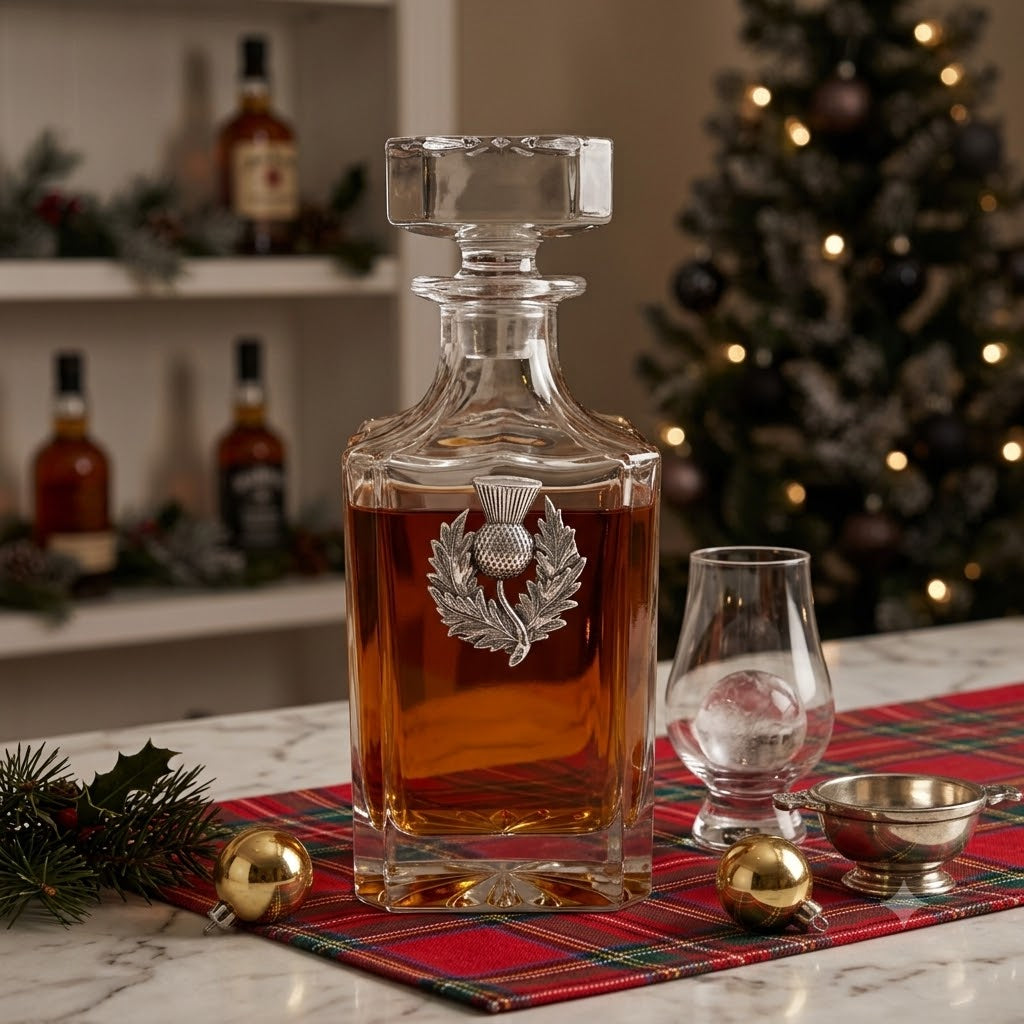 Decanter with Silver Scottish Thistle Gift for Scottish Bourbon lover of Whiskey Shown here at Christmas