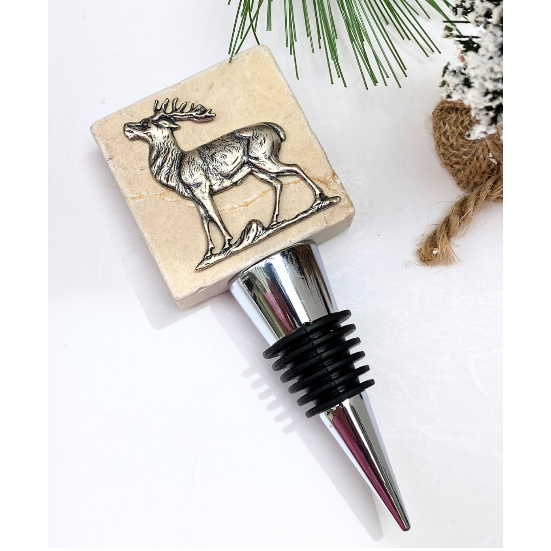 Silver Deer Stag on marble wine bottle stopper