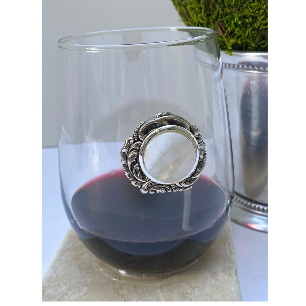 Stemless wine glass with Silver Medallion and Mother -of-Pearl cabochon