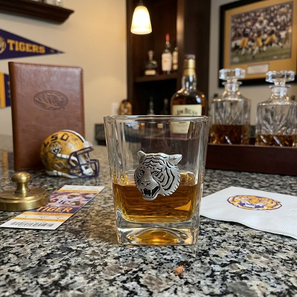 tiger bourbon glass in a home bar setting