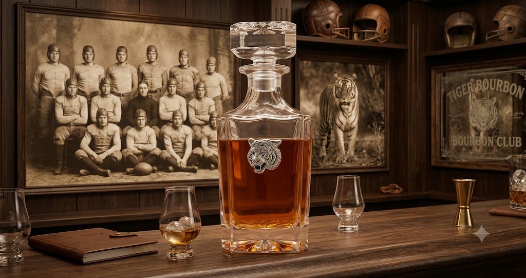 Tiger Decanter featuring silver tiger head. This is a great gift for a tiger football fan and a bourbon lover
