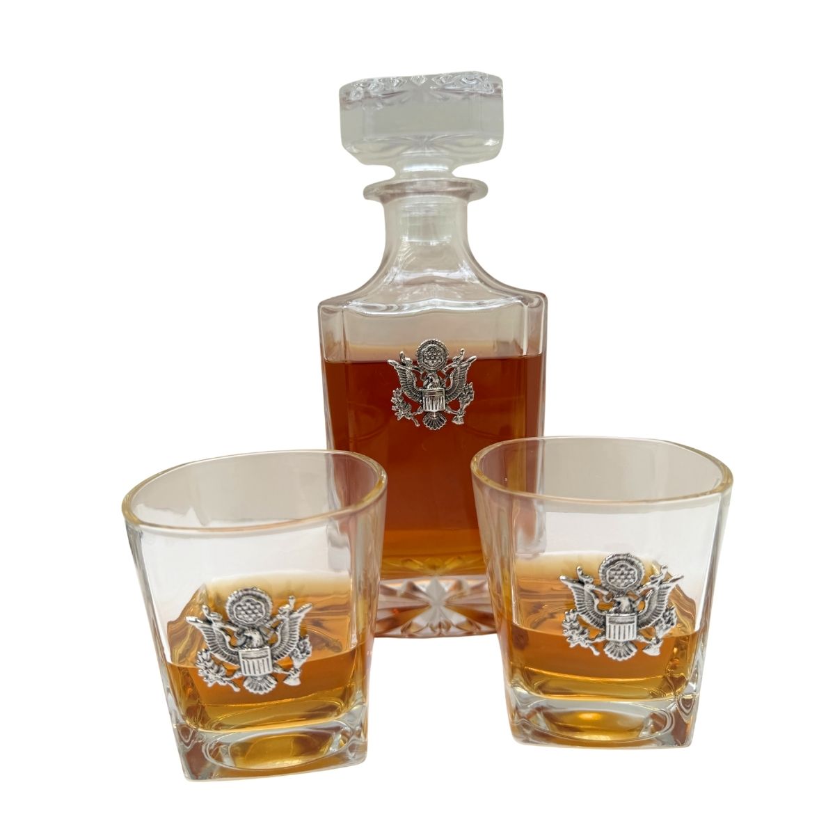 USA Seal Decanter Set includes decanter and two bourbon glasses